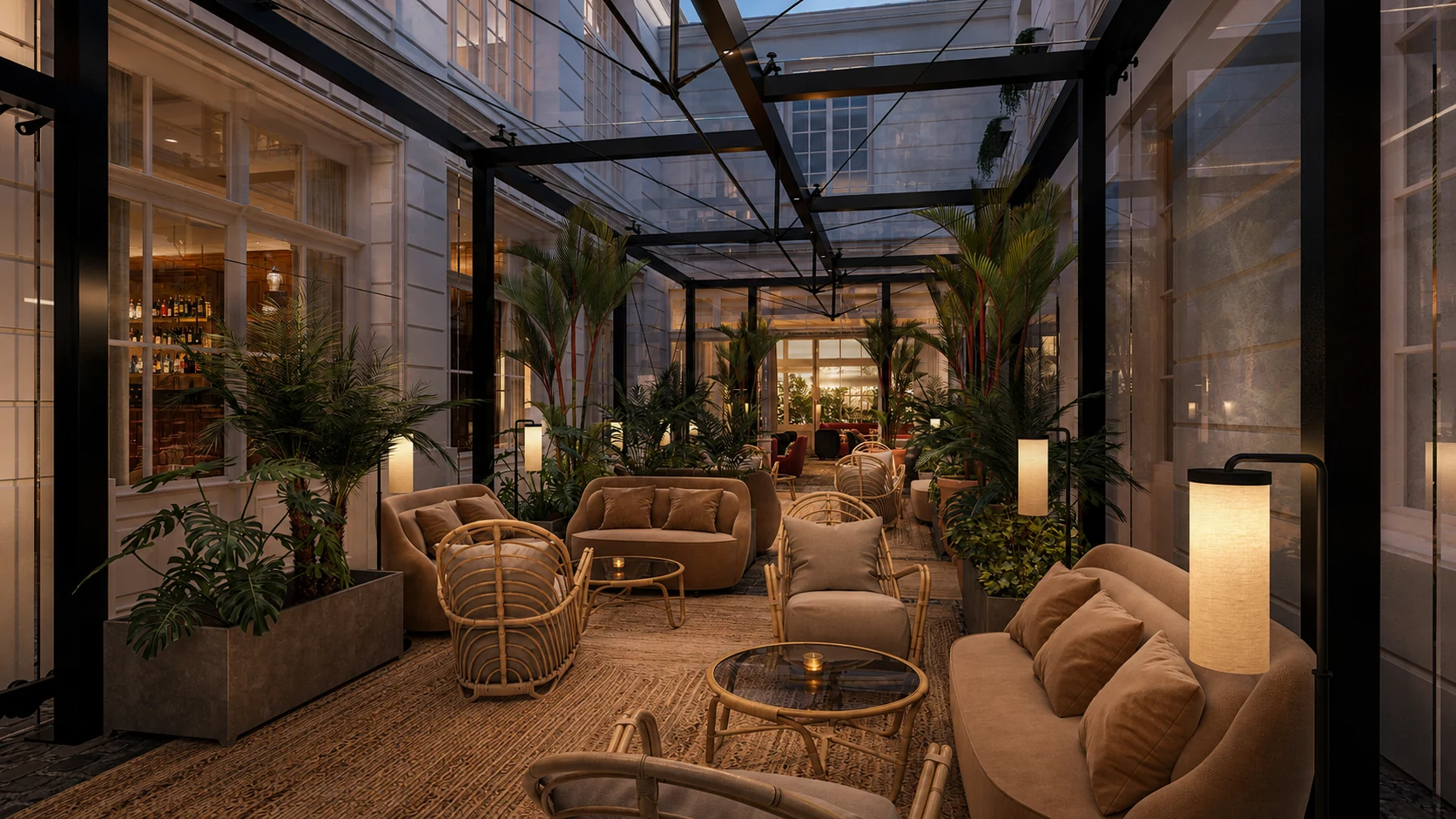 Image CGI d’un lounge sous verrière végétalisée avec mobilier et éclairage d’ambiance